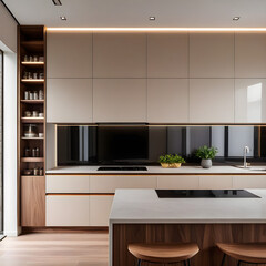 Modern minimalist kitchen, close up shot, beige cabinets floor to ceiling, combined with walnut wood open cabinets with led lights, floating ceiling. Natural light.
