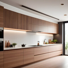Fototapeta na wymiar Modern minimalist kitchen, close up shot, beige cabinets floor to ceiling, combined with walnut wood open cabinets with led lights, floating ceiling. Natural light.
