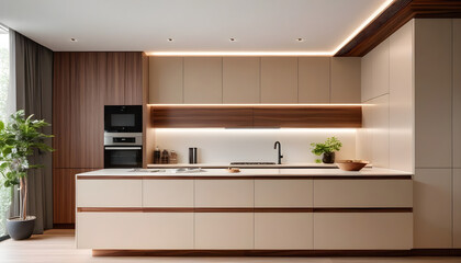 Modern minimalist kitchen, close up shot, beige cabinets floor to ceiling, combined with walnut wood open cabinets with led lights, floating ceiling. Natural light.
