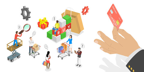 3D Isometric Flat  Conceptual Illustration of Customer Shopping Habits Research, Client Profile Analisys