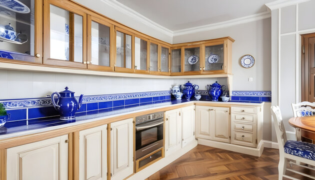 Old fashioned wooden cabinets with white and cobalt blue china in kitchen interior.