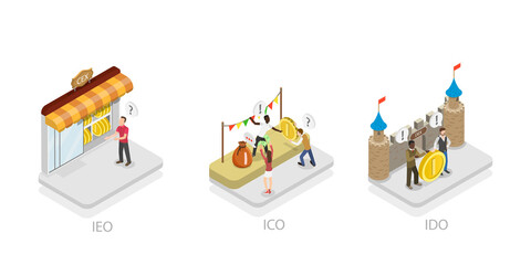 3D Isometric Flat  Conceptual Illustration of Investment in ICO, IEO and IDO, Investing at Initial Stage