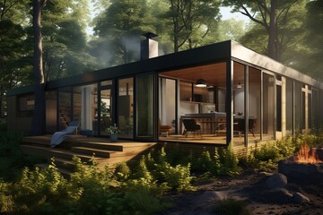 Modern house in the woods with a large glass window
