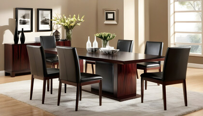 Fototapeta na wymiar Rosewood table with black leather high back chairs in living room