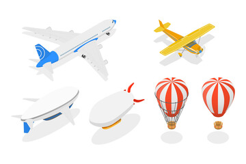 3D Isometric Flat  Set of Airships , Vintage Aviation Collection