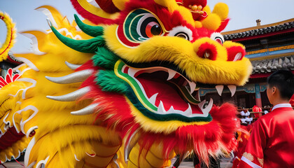 Chinese Dragon Head performing its traditional dragon dance festival. Chinese New Year celebration 2024 created with generative ai