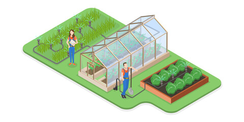 3D Isometric Flat  Conceptual Illustration of Drip Irrigation System, Automatic Watering