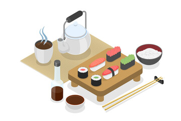 3D Isometric Flat  Conceptual Illustration of Japan Restaurant, Asian Food