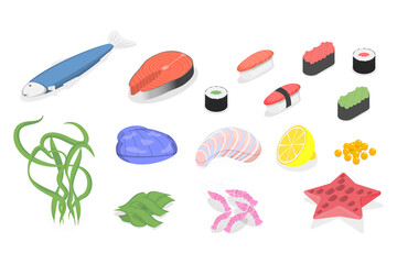 3D Isometric Flat  Set of Seafoods, Delicious Food for Gourmets