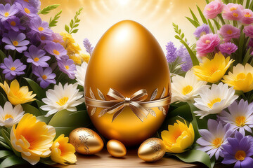 Golden Easter eggs and spring flowers.Banner for design with copy space. Generative AI