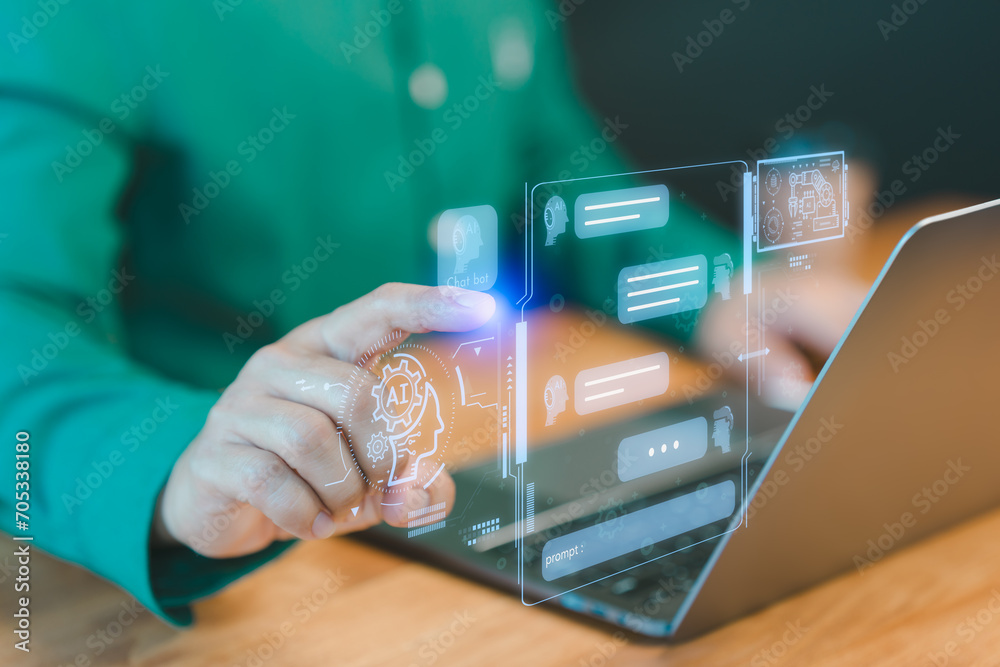 Poster User man use technology smart robot AI. Artificial intelligence by enter prompt for generating something, Futuristic technology transformation. Chatbot Chat with AI, Artificial Intelligence.