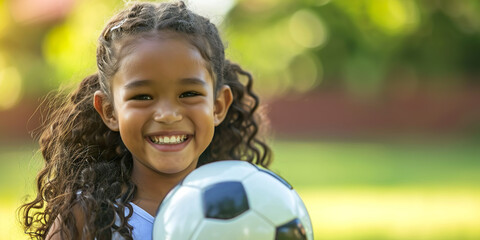 Little smiling latin girl with soccer ball - obrazy, fototapety, plakaty