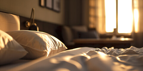 Closeup view of empty bedroom, morning light