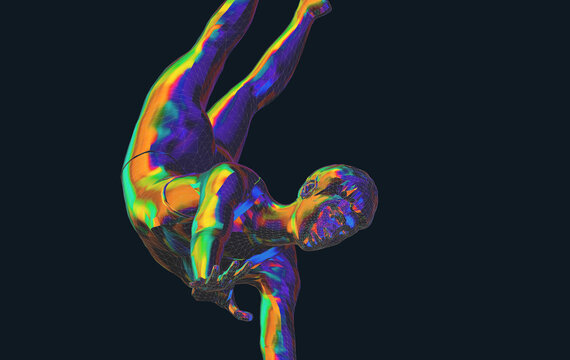 Color illustration of a person doing sports, meditative yoga exercises or gymnastics in low poly style - 3d illustration