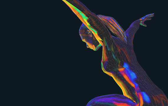 Color illustration of a person doing sports, meditative yoga exercises or gymnastics in low poly style - 3d illustration