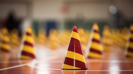 Closeup of cones set up in a zigzag pattern for dribbling drills.
