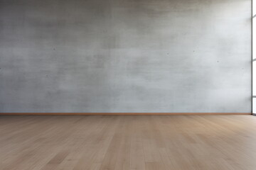 Bright empty room with wooden floor and concrete wall