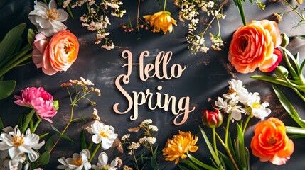 Floral composition featuring "Hello Spring" calligraphy surrounded by a colorful array of spring blossoms on a dark background