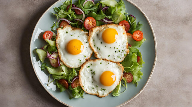  Three fried eggs on top of a salad of greens and vegetables served on a white plate, Fried eggs with bacon and vegetables