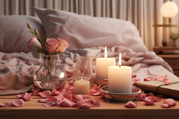 Obraz na płótnie Canvas A cozy bedroom scene with rose petals scattered on the bed, creating a romantic setting for a couple's intimate evening. Generative Ai.