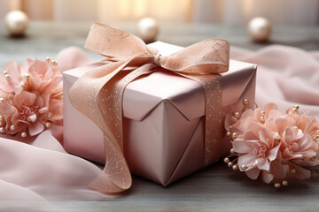 A simple yet elegant mockup of a gift box tied with a satin ribbon, concealing a thoughtful surprise for a loved one. Generative Ai.