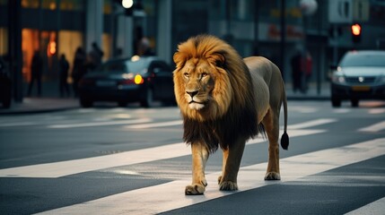 A lion walking across a street next to a traffic light. Generative AI.