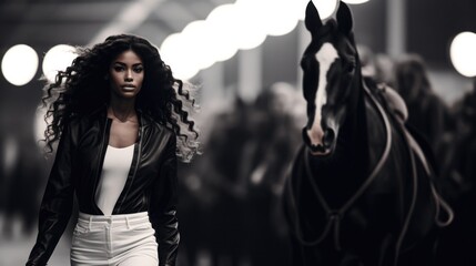 A woman walking a horse down a street. Generative AI.