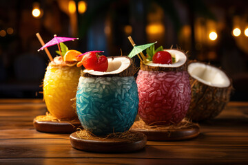 Colorful Hawaiian-themed cocktails served in carved coconut cups, transporting you to a Pacific island getaway. Generative Ai.