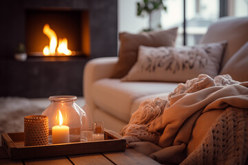 Close up Grey couch with fireplace in background warm beige knit throw blanket and candles, warm inviting atmosphere