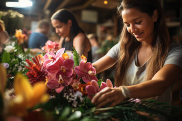 A Hawaiian floral arrangement workshop, teaching the art of creating leis and decorative bouquets. Generative Ai.