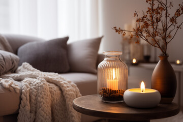 Fototapeta na wymiar Close up Grey couch with fireplace in background warm beige knit throw blanket and candles, warm inviting atmosphere