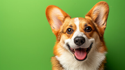 Happy corgi dog on vivid green background with empty space for text 
