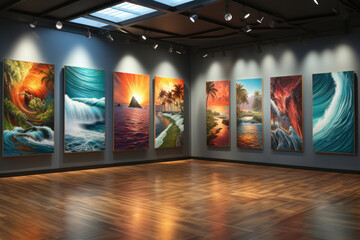 A surf-themed art gallery showcasing paintings, sculptures, and photographs inspired by the beauty of Hawaii. Generative Ai.