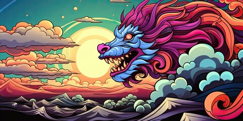 Vibrant Chinese Dragon Amidst Clouds and Moon in a Stylized Sky