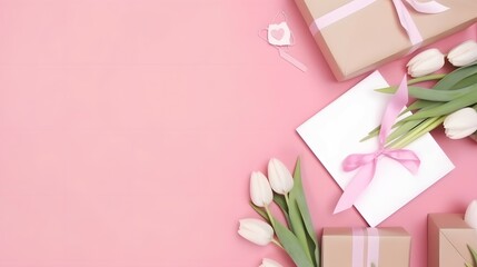 Mother s Day celebration concept. Top view photo of gift boxes with ribbon bows pink and white tulips envelope with letter and small hearts on isolated pastel pink background with copyspace
