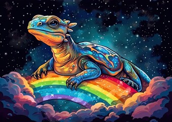 Cosmic Tortoise Carrying Rainbow Through Starry Night - Mystical Animal Illustration