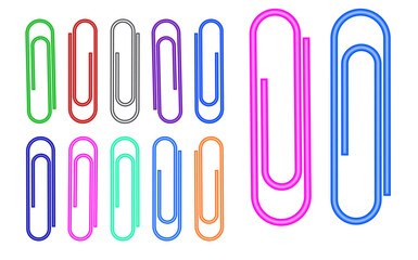 Set of colorful paper clips or realistic metal paper clips isolated. 3D Render