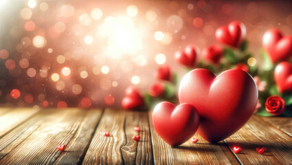 Two glossy red hearts on wooden surface with bokeh background. Generative ai.