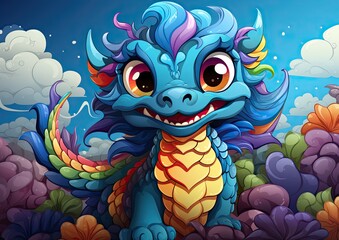 Vibrant Blue Dragon with Spiraling Horns in a Colorful Fantasy Landscape