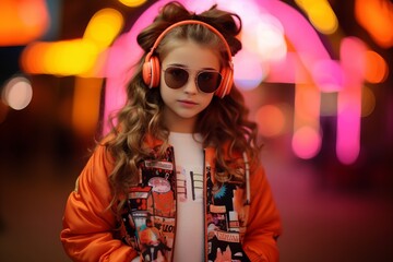 Portrait of a beautiful girl with curly hair in a stylish jacket and headphones.