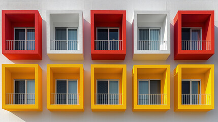 Fototapeta premium White Building With Red and Yellow Windows and Balconies