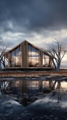 Fototapeta na wymiar A modern minimalist house with a large glass wall, nestled amidst trees, reflects the beauty of nature. Generative AI.