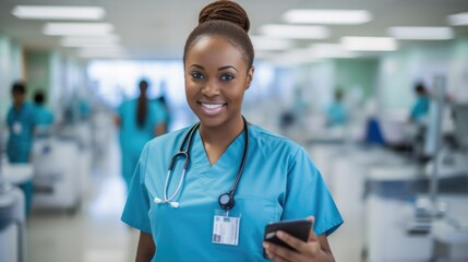 A cheerful African American nurse in scrubs takes a selfie with a cell phone. Generative AI. - obrazy, fototapety, plakaty