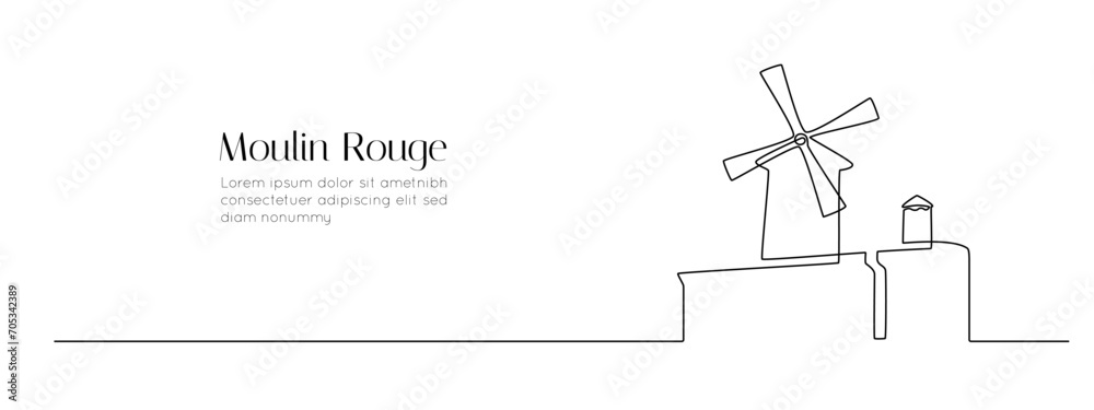 Aufkleber continuous one line drawing of cabaret moulin rouge. red windmill in paris city in simple linear sty