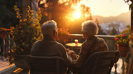A couple of older people sitting on the terrace of their home, looking at the sunset and talking a