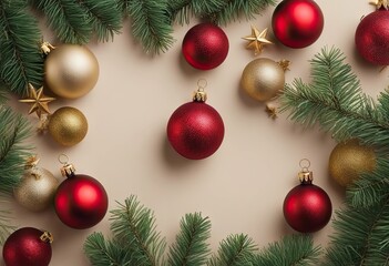 Obraz premium Christmas Eve concept Top view photo of red green and gold baubles star ornaments and pine branches in hoarfrost on isolated beige background with empty space in the middle stock photoChristmas