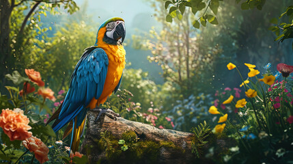A parrot in harmony with nature: against the background of a forest grove and flowering meadows, c