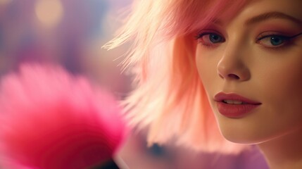 Closeup of a brush sweeping through a vibrant blush, mimicking the rosy of Emma Stones character in...