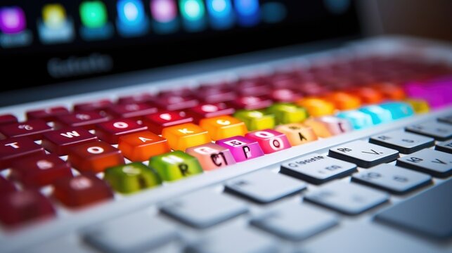 Extreme closeup of a keyboard with colorful stickers depicting online safety tips.