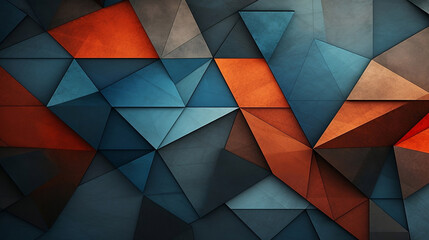 Geometric pattern with triangles in blue red and orange colors, art deco sensibilities, cubist: fragmented planes, dark gray and brown, embossed paper, black background